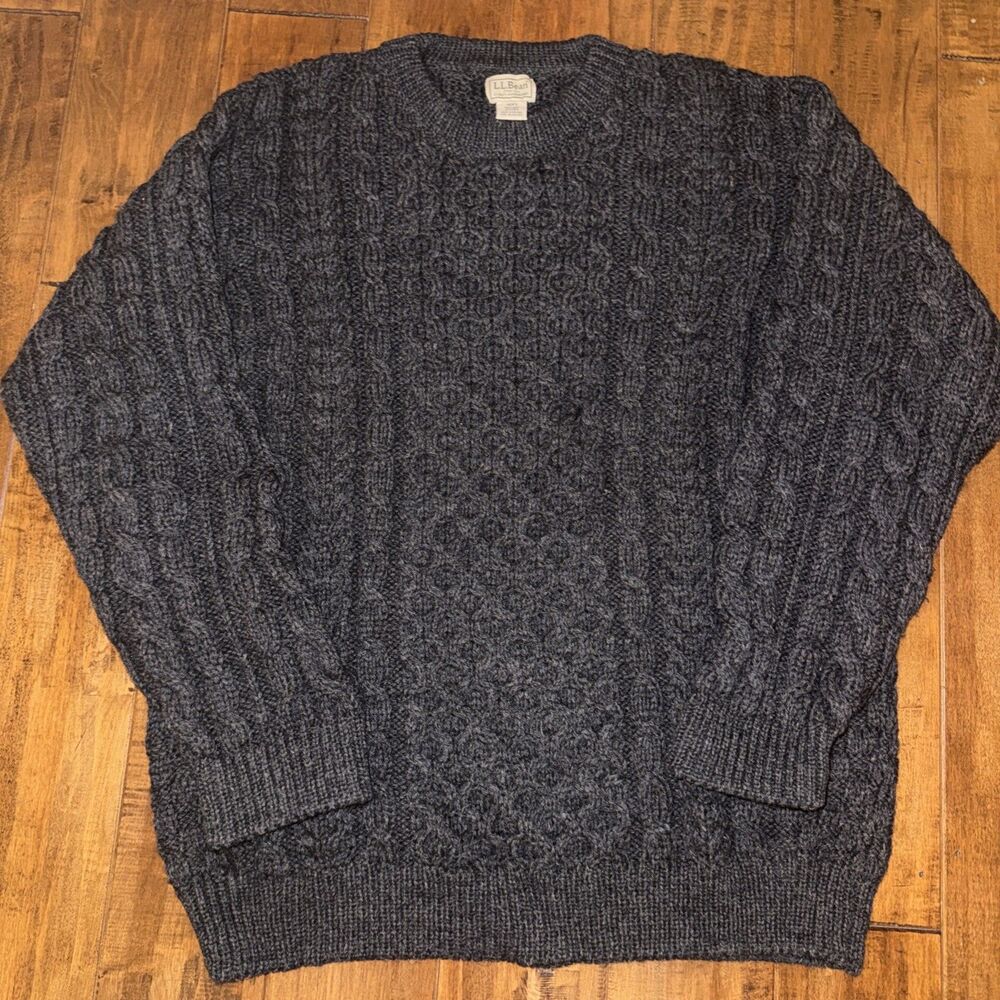 LL Bean Sweater Men’s XL Grey Cable Knit Chunky Fisherman Wool Ireland Aran EUC